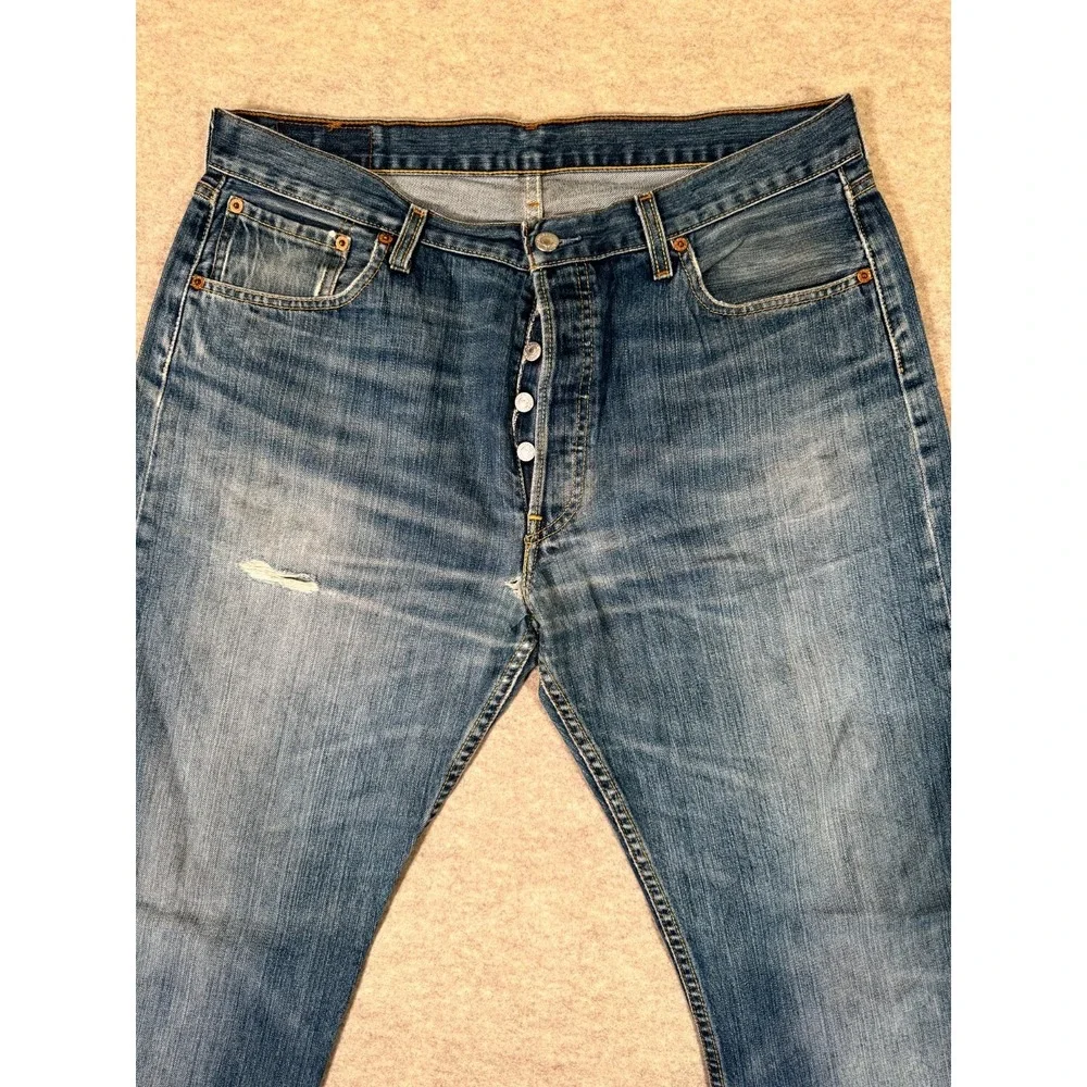 Levis 501 Jeans Mens 36x34 Blue Distressed Denim Cotton Button Fly Straight Leg